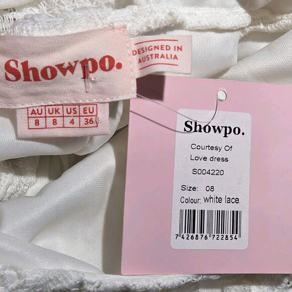 NWT Showpo Mini Lace Trim Open Tie Back White Dress Size 4 US Lace Long Sleeve - Picture 5 of 6